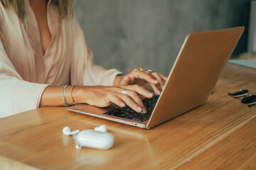 Pretty Young Beauty Woman Using Laptop in cafe, outdoor portrait business woman, hipster style,...