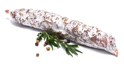Spanish Fuet thin dried salami sausage isolated on a white background