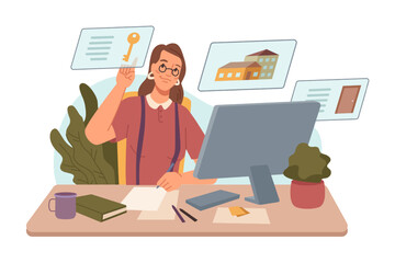 Real estate agent looking for property online, woman sitting by laptop searching for apartments and homes. Purchasing and selling houses. Vector in flat style