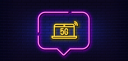 Neon light speech bubble. 5g notebook line icon. Wireless technology sign. Mobile wifi internet symbol. Neon light background. 5g notebook glow line. Brick wall banner. Vector