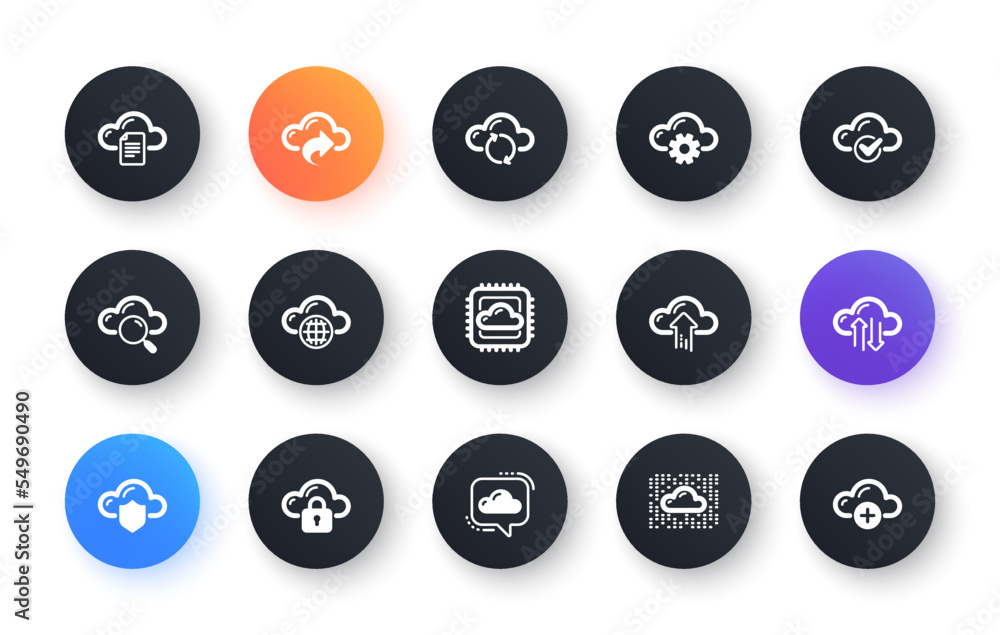 Poster cloud data and technology icons. hosting, computing data and file storage. computer sync classic ico