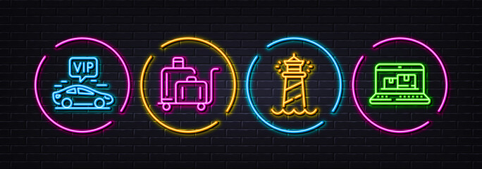 Vip transfer, Luggage trolley and Lighthouse minimal line icons. Neon laser 3d lights. Web inventory icons. For web, application, printing. Vector