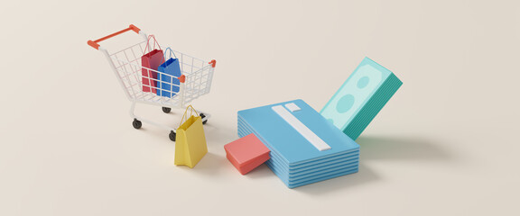 Online payment by credit card. Concept illustration and digital marketing promotion. business, lifestyle, technology, ecommerce, digital banking and online payment concept. 3d rendering illustration