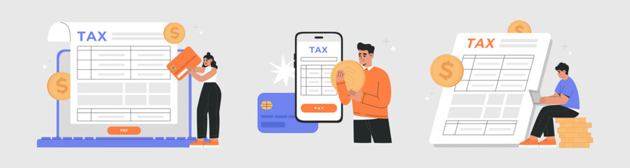 Tax payment, vector illustration set. Filling tax form online, paperwork, analysis and calculation tax return. Hand drawn vector illustration isolated on background, modern flat cartoon style