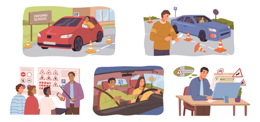 Driving school, car education exam, instructor and students flat cartoon vector set. Student sit in car, look at road. Traffic lights and signs. Man learning rules, passing exams for driver license
