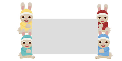Cute rabbits hold an empty banner. Christmas background, postcard. Happy new year.