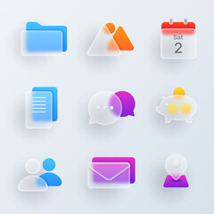 3d minimal glassmorphism ui icon set for website or mobile app. Vector calendar and folder sign, document and message, location and image symbol, piggy bank, location and notification sign