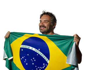Soccer fan holding a Brazilian flag on a transparent background
