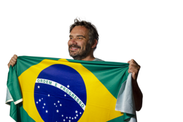 Soccer fan holding a Brazilian flag on a transparent background