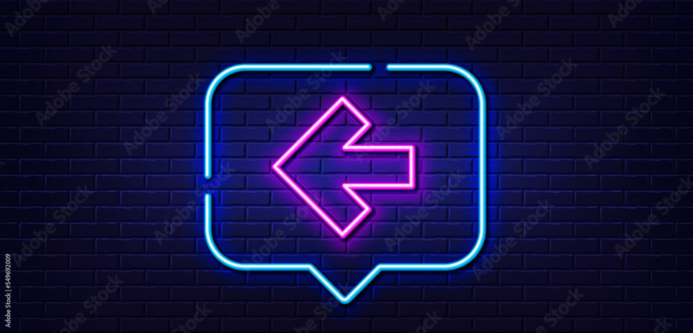 Poster neon light speech bubble. left arrow line icon. direction arrowhead symbol. navigation pointer sign.