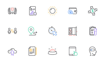 Weariness, Medical analyzes and Payment exchange line icons for website, printing. Collection of Report, Tablet pc, Buying accessory icons. Dog feeding, Open door, Sunny weather web elements. Vector