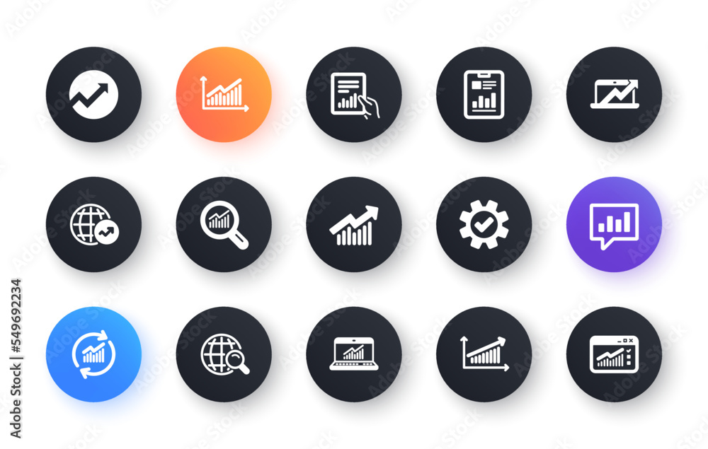 Poster analytics icons. reports, charts and graphs. data statistics classic icon set. circle web buttons. v