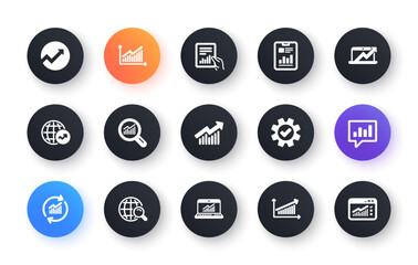 Analytics icons. Reports, Charts and Graphs. Data statistics classic icon set. Circle web buttons. Vector