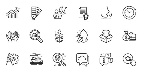 Fototapeta premium Outline set of Demand curve, Water drop and Shift line icons for web application. Talk, information, delivery truck outline icon. Include Certificate, Salary, Time change icons. Vector