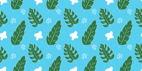 Vector seamless botanical monstera leaf pattern trendy green blue color natural flat background