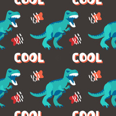 Cool vector seamless dino pattern. Cute and fun dino pattern. Dinosaur print repeat background. Pattern for boy © Bodega