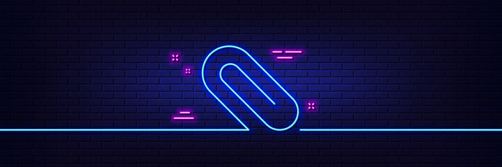 Neon light glow effect. Attach line icon. Attachment paper clip sign. Office stationery object symbol. 3d line neon glow icon. Brick wall banner. Paper clip outline. Vector