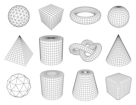 Low poly line geometric shapes, isolated vector triangle and pyramid, circle and cube, cylinder and cone. Polygonal mathematics and geometry figures, frame perspectives set