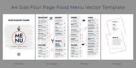 Restaurant cafe menu, template design, A4 size four page creative food menu template