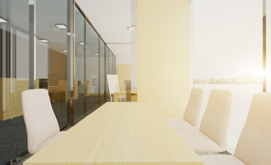 Front view of an office interior with a row of dark wood tables. 3D rendering.. Sunset.