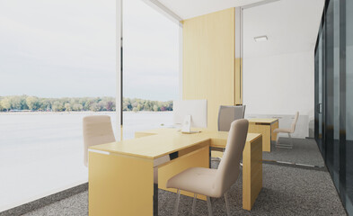 Front view of an office interior with a row of dark wood tables. 3D rendering.