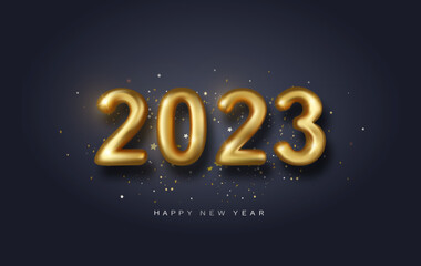 Happy new year 2023 banner. Golden Vector luxury text 2023 Happy new year. Gold Festive Numbers