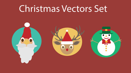 Christmas. Santa Claus, Snowman and Reindeer Vector Card Illustration Icons Set