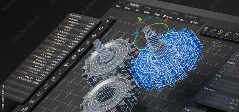 Poster Engineering designer design 3D CAD software program Industrial engine model mechanical dimensional digital manufacturing factory engineer computer screen. 3d rendering.