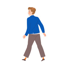 Back View of Man Character in Blue Jacket Walking Vector Illustration