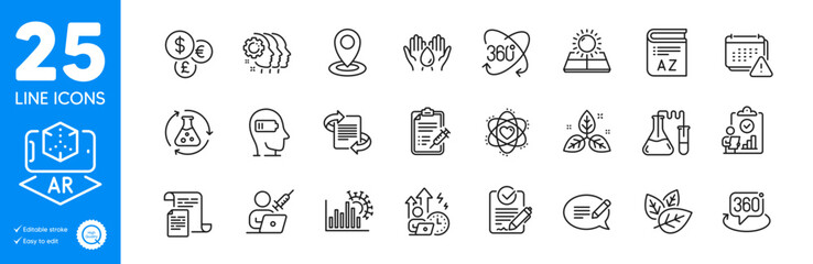 Outline icons set. Fair trade, Sun energy and Safe water icons. Full rotation, Coronavirus statistics, Location web elements. Inspect, 360 degree, Atom signs. Vaccination appointment. Vector
