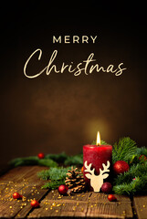 Grußkarte, Weihnachtskarte mit englischem Text Merry Christmas. Dekoration mit roter Kerze,...