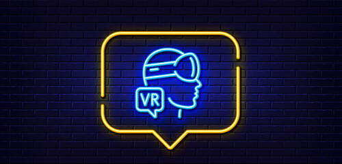 Neon light speech bubble. Augmented reality line icon. VR simulation sign. Gaming headset glasses symbol. Neon light background. Augmented reality glow line. Brick wall banner. Vector