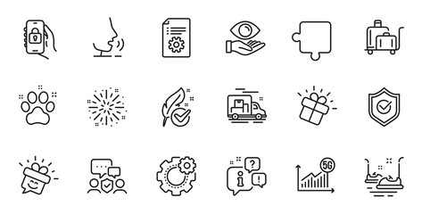 Outline set of Smile, Health eye and Puzzle line icons for web application. Talk, information, delivery truck outline icon. Vector