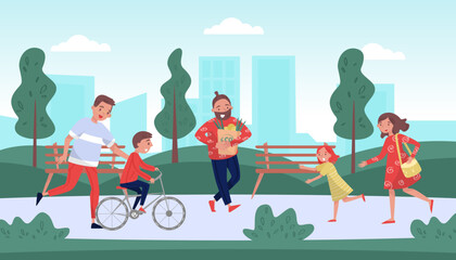Happy families walking in park. Parents and kids having good time outdoors cartoon vector