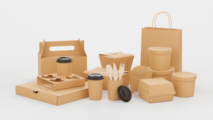 Packaging product brown craft cardboard paper eco mockup catering and street fast food boxes cups carton bag recycling delivery service disposable. 3d rendering.