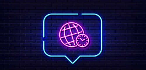 Neon light speech bubble. Time zone line icon. World clock sign. Watch symbol. Neon light background. Time zone glow line. Brick wall banner. Vector