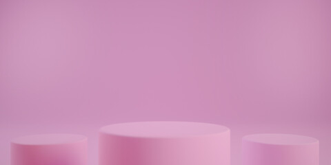 Three pink podium 3d rendering abstract background design to display products. Light pink cylinder platforms mockup scene to show cosmetic products. Valentine's day concept pedestal or stand render.