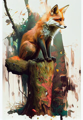Adorable fox on a tree trunk