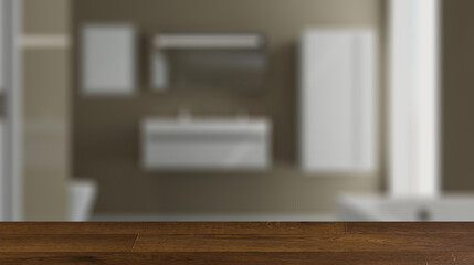 Spacious bathroom in gray tones with heated floors, freestanding. Background with empty wooden table. Flooring.