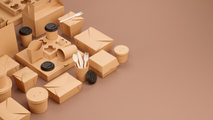 Packaging product brown craft cardboard paper eco mockup catering and street fast food boxes cups carton bag recycling delivery service disposable. 3d rendering.