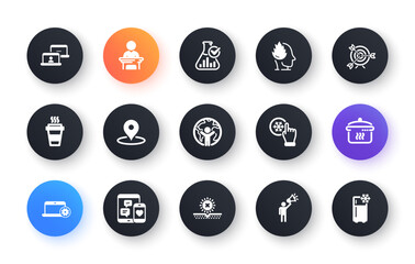 Minimal set of Stress, Pin and Takeaway flat icons for web development. Outsource work, Target, Brand ambassador icons. Global business, Chemistry lab, Boiling pan web elements. Vector