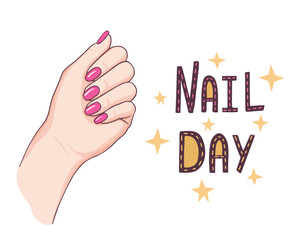 Beautiful hands with red nails. Nail day. Manicure vector. Fashion illustration for beauty salon, nail, manicure masters, covers, greeting cards, posters, stickers, seasonal design.