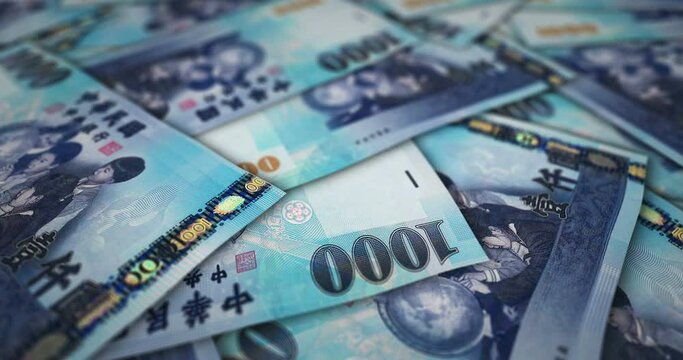 Taiwanese Dollar 1000 TWD banknote surface. Flying over Taiwan money note. 3D abstract concept of business, inflation, economy, finance, crisis and banking.