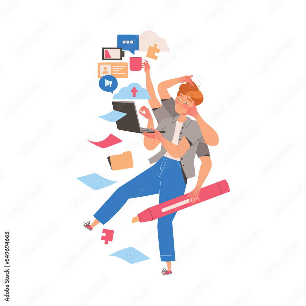 Poster male student character learning multitasking switching between different activities vector illustrat