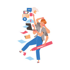 Male Student Character Learning Multitasking Switching Between Different Activities Vector Illustration