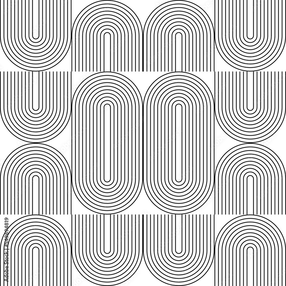 Poster Modern vector abstract seamless geometric pattern with semicircles and circles in retro  style. Black u shapes on white background. Minimalist  illustration in Bauhaus style with simple shapes.