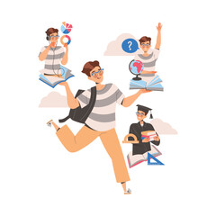 Male Student Character Learning Multitasking Switching Between Different Activities Vector Illustration