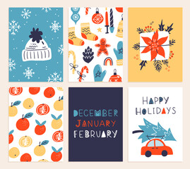 Vector collection of Christmas poster templates. New year 2023 set of christmas greeting cards. Bright colors. presents and hand written lettering for your invitation and design.