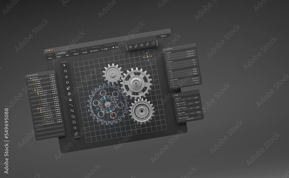 Leinwandbilder Engineering designer design 3D CAD software program Industrial engine model mechanical dimensional digital manufacturing factory engineer computer screen. 3d rendering.