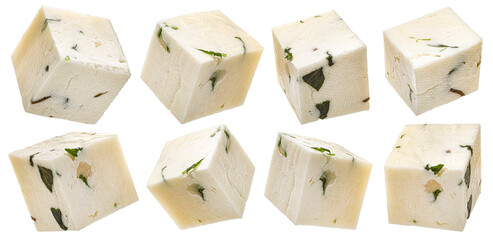 Sliced feta cubes, diced curd cheese pieces isolated on white background